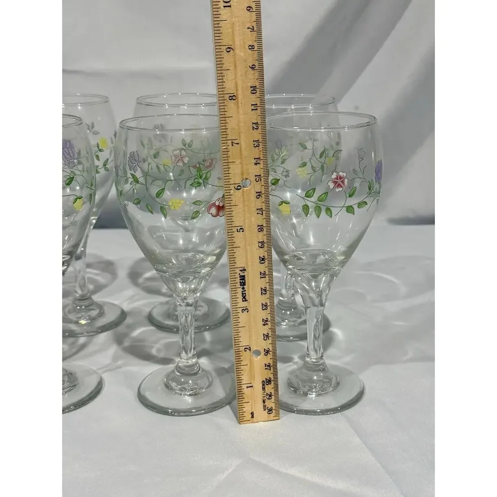 Set of 8 Vintage Libbey Floral Stemmed Wine Glasses Pastel Flower Vine Pattern